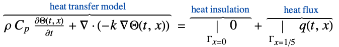  rho C_p(partialTheta(t, x))/(partialt)+del .(-k del Theta(t,x))^(︷^(                        heat transfer model                       )) =|_(Gamma_(x=0))0^(︷^( heat insulation ))+|_(Gamma_(x=1/5))q(t,x)^(︷^(         heat flux       ))
