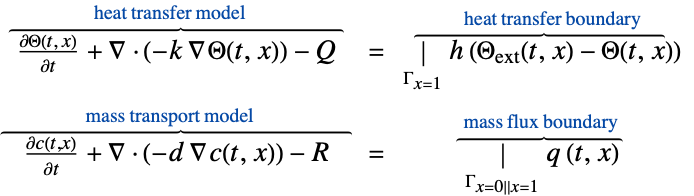 (partialTheta(t, x))/(partialt)+del .(-k del Theta(t,x))-Q^(︷^( heat transfer model )) = |_(Gamma_(x=1))h (Theta_(ext)(t,x)-Theta(t,x))^(︷^( heat transfer boundary )); (partialc(t,x))/(partialt)+del .(-d del c(t,x))-R^(︷^( mass transport model )) = |_(Gamma_(x=0||x=1))q (t,x)^(︷^( mass flux boundary )) (partialTheta(t, x))/(partialt)+del .(-k del Theta(t,x))-Q^(︷^( heat transfer model )) = |_(Gamma_(x=1))h (Theta_(ext)(t,x)-Theta(t,x))^(︷^( heat transfer boundary )); (partialc(t,x))/(partialt)+del .(-d del c(t,x))-R^(︷^( mass transport model )) = |_(Gamma_(x=0||x=1))q (t,x)^(︷^( mass flux boundary ))