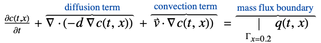  (partialc(t,x))/(partialt)+del .(-d del c(t,x))^(︷^(          diffusion term       )) +v^->.del c(t,x))^(︷^(  convection term)) =|_(Gamma_(x=0.2))q(t,x)^(︷^( mass flux boundary ))