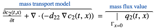  (partialc_2(t,x))/(partialt)+del .(-d_(22) del c_2(t,x))^(︷^(             mass transport model                  )) =|_(Gamma_(x=0))q_2(t,x)^(︷^(    mass flux value     ))
