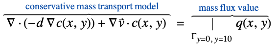  del .(-d del c(x,y))+del v^->.c(x,y)^(︷^(            conservative mass transport model      )) =|_(Gamma_(y=0, y=10))q(x,y)^(︷^(    mass flux value     ))
