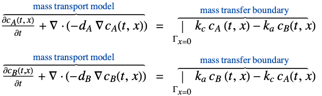 (partialc_A(t, x))/(partialt)+del .(-d_A del c_A(t,x))^(︷^(                mass transport model                ))  = |_(Gamma_(x=0))k_cc_A (t,x)-k_ac_B(t,x)^(︷^(            mass transfer boundary          )); (partialc_B(t,x))/(partialt)+del .(-d_B del c_B(t,x))^(︷^(                mass transport model                ))  = |_(Gamma_(x=0))k_ac_B (t,x)-k_cc_A(t,x)^(︷^(            mass transfer boundary          ))