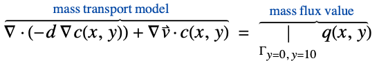  del .(-d del c(x,y))+del v^->.c(x,y)^(︷^(                  mass transport model                      )) =|_(Gamma_(y=0, y=10))q(x,y)^(︷^(    mass flux value     ))