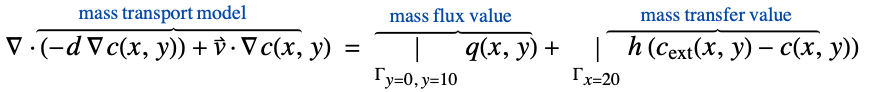  del .(-d del c(x,y))+v^->.del c(x,y)^(︷^(           mass transport model              )) =|_(Gamma_(y=0, y=10))q(x,y)^(︷^(    mass flux value     ))+|_(Gamma_(x=20))h (c_(ext)(x,y)-c(x,y))^(︷^(         mass transfer value       ))